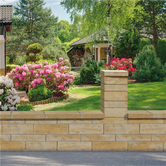 SEMMELROCK BELLAMONTE / plotový systém se vzhledem broušeného travertinu - poloviční kámen nízký 20x20x10 cm - medová melírovaná